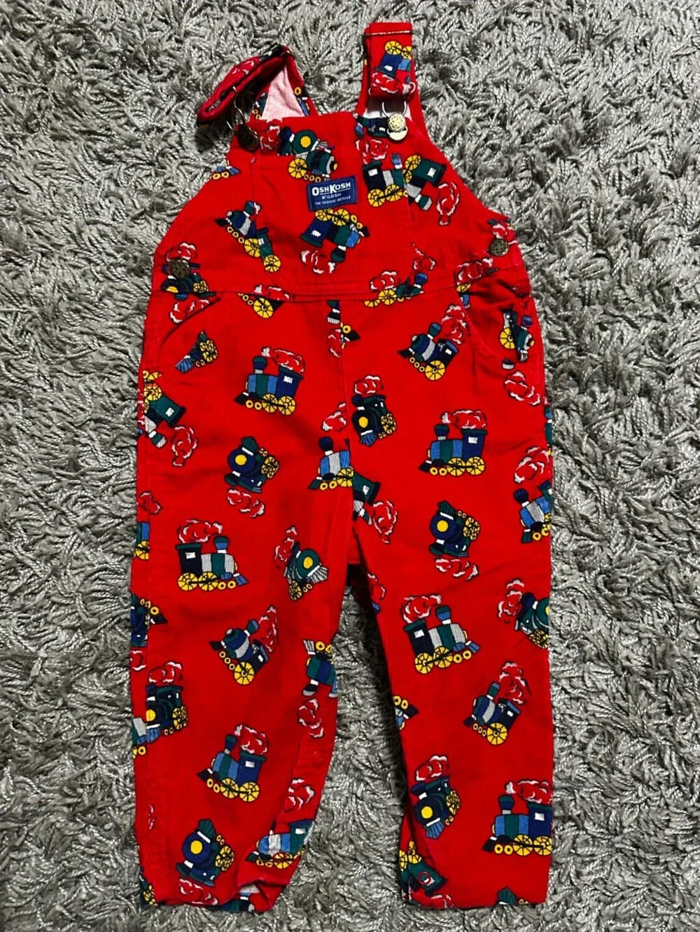 Vintage Paper Tag Osh Kosh B'Josh Coduroy Red Overalls With Trains Size 3T